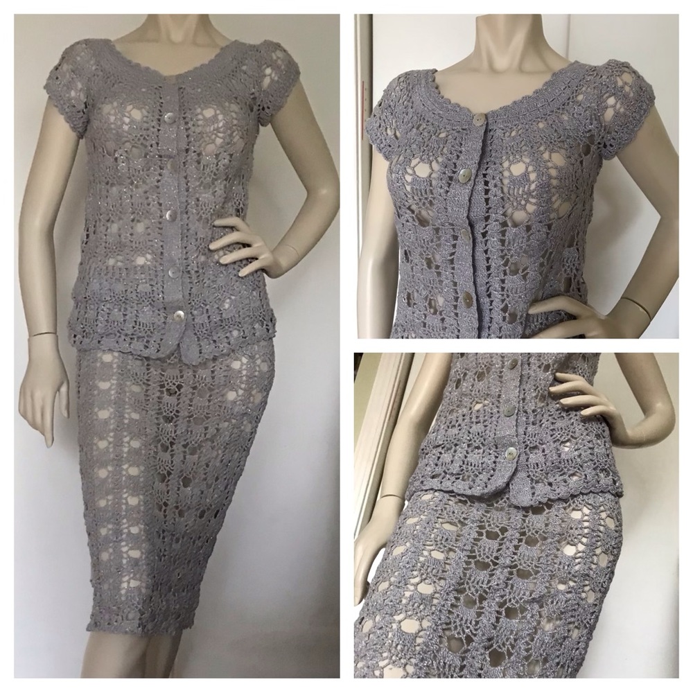 Vintage hand crocheted gray and silver two pieces set